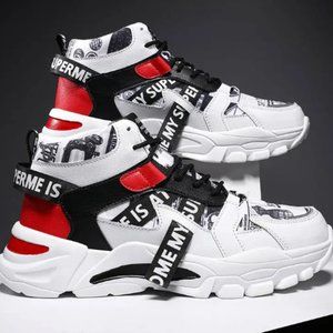 Women's Lightweight High Top Lace Up Running Sports Shoes - Thick Sole PU Leathe